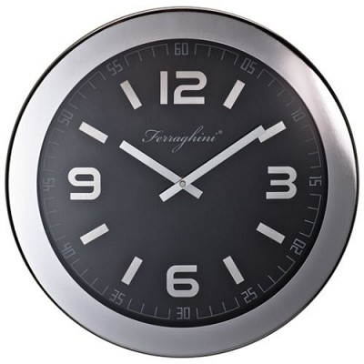 f185 Ceasuri promotionale de perete marca Ferraghini cu cifre argintii pe fundal negru 