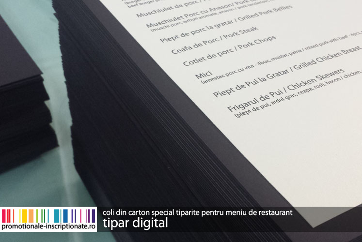 Coli din carton special tiparite digital pentru interiorul meniurilor de restaurant