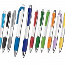 Pixuri albe promotionale din plastic cu grip si agatatoare colorate - 12653 Pixuri albe promotionale din plastic cu grip si agatatoare colorate - 12653