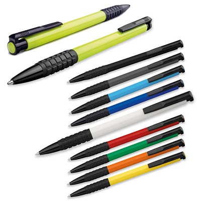 Pix din plastic colorat cu grip negru cauciucat - 12491 pixuri colorate cu grip si agatatoare negre 12491