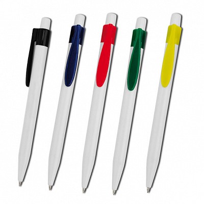 Pix din plastic alb cu agatatoare colorata - 12405 pixuri promotionale albe cu agatatoare colorata 12405