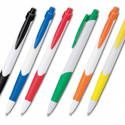 Pix din plastic alb cu grip si agatatoare colorate - 13548 pixuri albe promotionale cu accesorii colorate 13548
