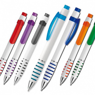 Pix alb cu elemente colorate si agatatoare curbata - 13925 pixuri promotionale cu accesorii colorate 13925