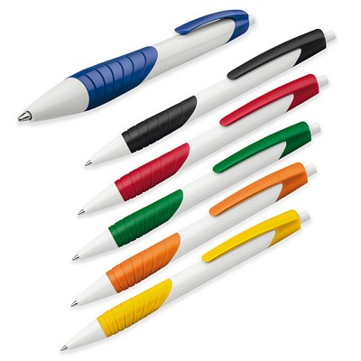 Pix alb cu grip cauciucat colorat - 12581 12581 pixuri albe din plastic cu accesorii colorate