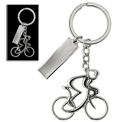 Breloc metalic cu forma de biciclist si placuta pentru personalizare - V4948 brelocuri metalice cu forma de biciclist V4948