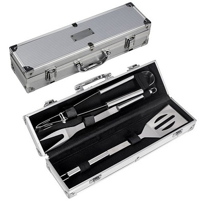 Trusa de gratar cu 3 ustensile in cutie metalica - V7838 truse cu accesorii promotionale de gratar V7838