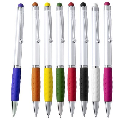 Pix alb cu varf touch pen si grip cauciucat colorat - V1663 V1663 pixuri din plastic cu grip colorat cauciucat