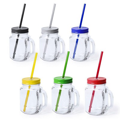 Cana cu pai si aspect de borcan din sticla cu capac si pai asortate - V8983 cani cu pai si design de borcan V8983