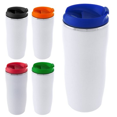 Pahar termoizolant din metal cu suprafata alba si capac colorat - V8436 pahare termoizolante albe cu capac colorat V8436