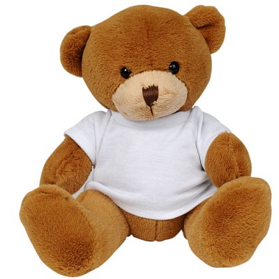 Ursulet din plus maro cu tricou alb si dimensiune de 17 cm - HE235 ursuleti din plus cu tricou alb HE235