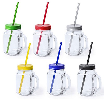 Borcan din sticla transparenta cu capac colorat si pai asortat - 5494 borcane cu capac si pai colorate 5494