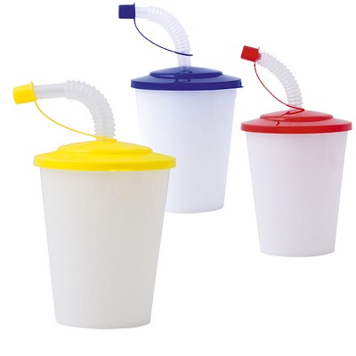 Pahar alb cu pai flexibil si capac colorat - 3171 pahare promotionale cu pai pliabil si capac colorat 3171