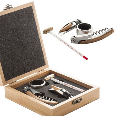 Cutie din lemn cu 4 accesorii pentru sticle de vin - AP804906 cutii din lemn cu accesorii pentru vin AP804906