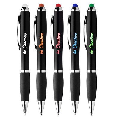Pix din plastic cu varf touch pen si agatatoare metalica - AP845172 pixuri negre cu suprafata luminata pentru gravat AP845172