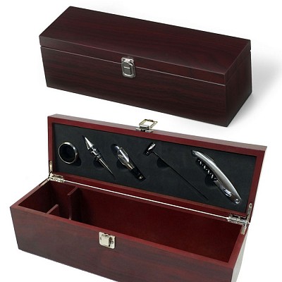 Cutie pentru o sticla de vin cu 5 accesorii metalice - V5329 cutii de vin cu 5 accesorii promotionale V5329