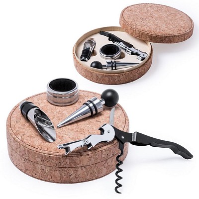 Set de vin cu 4 accesorii in cutie rotunda din pluta - V7993 seturi de accesorii de vin in cutie din pluta V7993