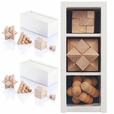 Set de jocuri puzzle 3D din lemn in cutie alba - V6031 seturi de 3 jocuri de puzzle din lemn V6031