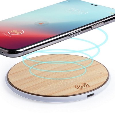 Incarcator wireless pentru telefon realizat din bambus - V3979 incarcatoare USB wireless din bambus cu forma rotunda V3979