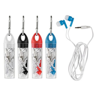Casti audio cu cablu de 120 cm in recipient transparent cu carabina - V3926 casti audio cu cablu si etui cu carabina V3926