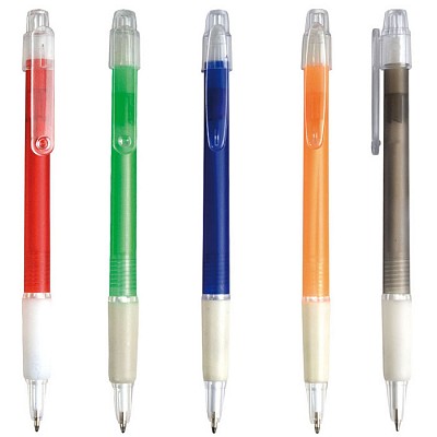 Pix din plastic cu grip cauciucat si agatatoare transparenta - 00977 pixuri promotionale cu grip alb cauciucat 00977