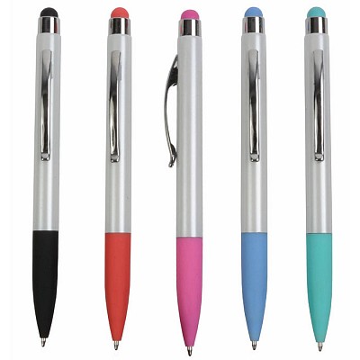 Pix din plastic cu capat touch pen si grip colorate - 16805 pixuri argintii cu grip si touch pen colorat 16805