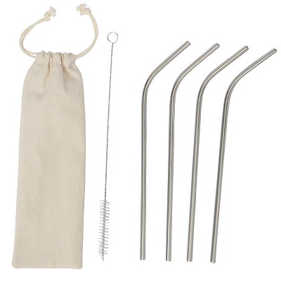 Set de 4 paie metalice curbate cu perie de curatare - 0304447 seturi de paie metalice cu curatator si saculet din bumbac 0304447