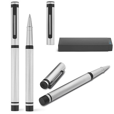 Pix metalic argintiu cu capac si pasta de scris neagra - 81208 pixuri argintii metalice cu capac si cutie de cadou 81208