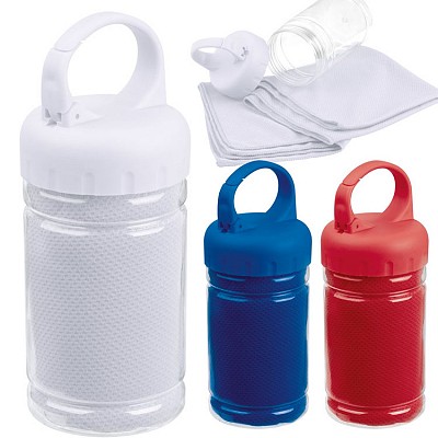 Prosop din microfible ambalat in bidon transparent cu maner - 0884 bidoane transparente cu prosop fitnes inclus 0884