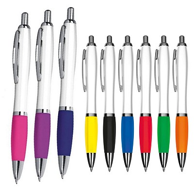 Pix din plastic cu pasta de scris albastra si grip cauciucat colorat - 1683 pixuri promotionale cu corp alb din plasic si grip cauciucat 1683