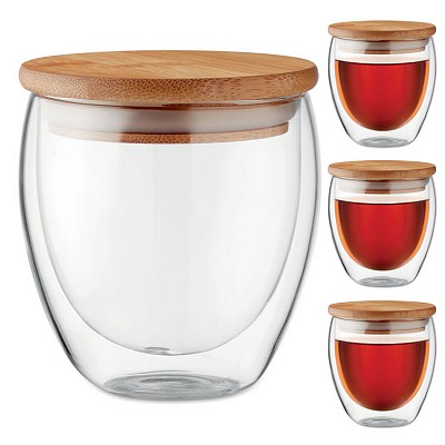 Pahar cu forma rotunda si capacitate de 250 ml cu pereti dubli din sticla - MO9719 pahare din sticla de 250 ml cu pereti dubli si capac din bambus MO9719