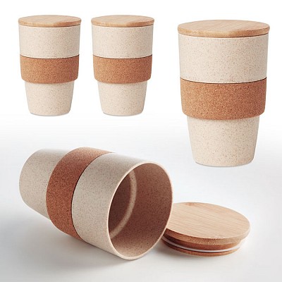 Pahar ecologic cu manson din pluta si capac din lemn de bambus - MO9896 pahare ecologice cu capac din lemn si manson din pluta MO9896