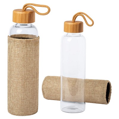 Bidon din sticla de 500 ml cu husa din poliester si agatatoare - AP721706 bidoane din sticla transparenta cu capac si husa AP721706