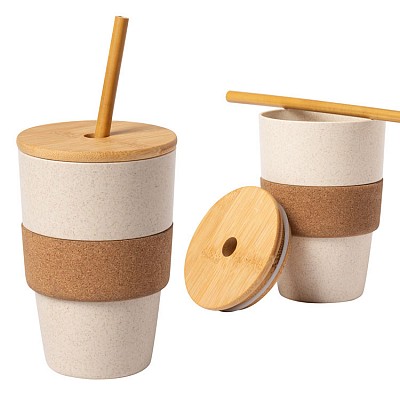 Pahar ecologic de 450 ml cu manson din pluta - AP721699 pahare ecologice cu capac si pai din lemn de bambus AP721699