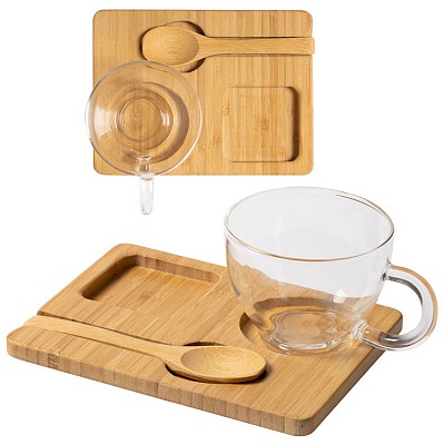 Set de ceasca din sticla cu tava si lingurita din lemn de bambus - AP721653 seturi de cesti din sticla cu tava din lemn si lingurita AP721653