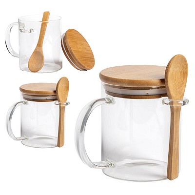 Cana transparenta din sticla cu capac si lingurita din lemn - AP721652 cani din sticla transparenta cu capac si lingura din lemn AP721652