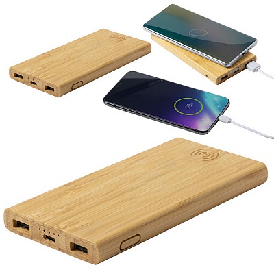 Powerbank cu carcasa din lemn de bambus si incarcator wireless - AP721672 powerbankuri wireless din bambus cu 2 porturi USB AP721672