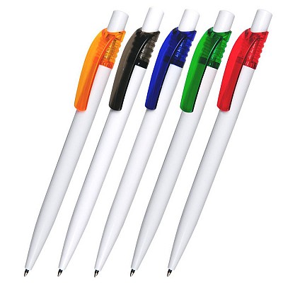 Pix alb din plastic cu agatatoare eleganta colorata - R73341 pixuri albe cu agatatoare curbata colorata R73341
