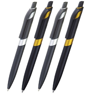 Pix din plastic cu insertii metalice si design modern - R73396 pixuri negre din plastic cu elemente colorate R73396