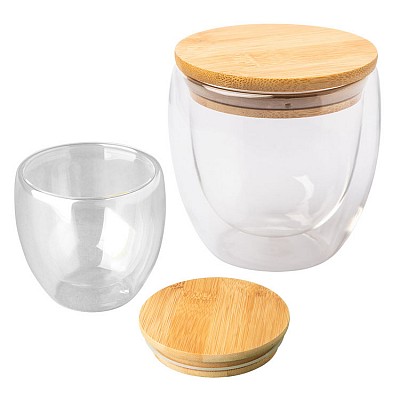 Pahar din sticla de 300 ml cu capac din lemn de bambus - R08266 pahare din sticla cu capac din lemn de bambus R08266