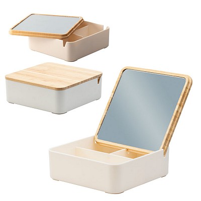 Cutie din plastic cu 3 compartimente si capac din lemn de bambus - R73534 cutii din plastic cu oglinda R73534