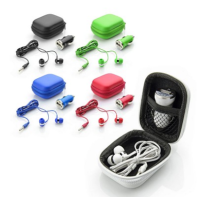 Casti audio cu incarcator USB auto si etui cu fermoar - 09038 casti audio cu incarcator auto 09038