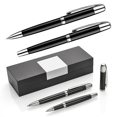 Set de 2 pixuri metalice negre cu accesorii argintii si cutie de cadou - 19150 pixuri metalice cu design clasic in cutie de cadou 19150
