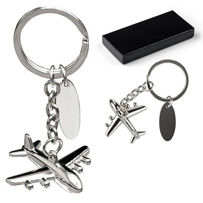 Breloc cu forma de avion si placuta ovala pentru inscriptionat - 17031 brelocuri metalice cu forma de avion 17031