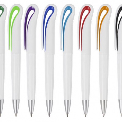 Pix alb cu agatoare curbata colorata - White Swan 2442 2442 pixuri promotionale cu agatatoare deosebita