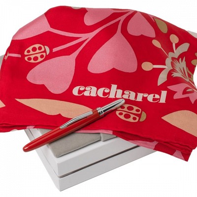 Set Cacharel de esarfa din matase rosie cu pix metalic - CPBF480 CPBF480 seturi de pixuri Cacharel cu esarfa