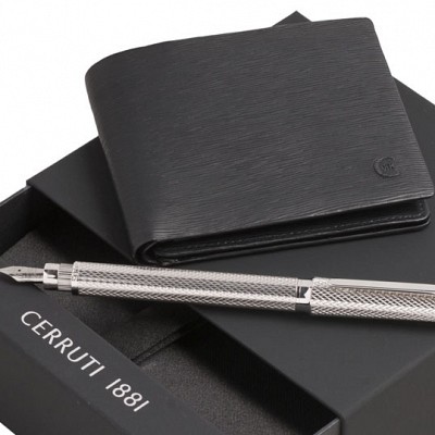 Set de stilou din argint cu portofel negru din piele Cerruti - NPPW240 NPPW240 seturi de pixuri cu portofele Cerruti 1881