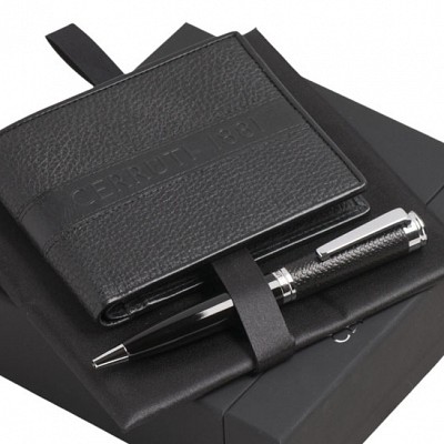Set de portofel din piele cu pix negru metalic - NPBW230 NPBW230 portofele de lux si pixuri metalice Cerruti 1881