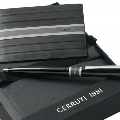 Set de portcard de lux din piele naturala si pix metalic negru - NPBC414 NPBC414 pixuri si portofele Cerruti 1881